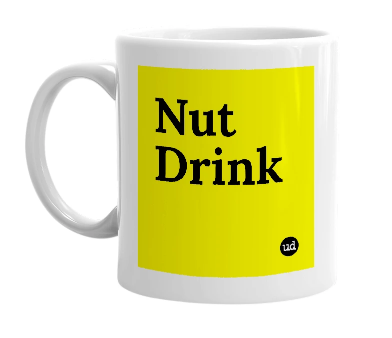 White mug with 'Nut Drink' in bold black letters