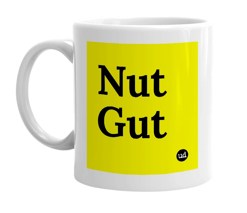 White mug with 'Nut Gut' in bold black letters