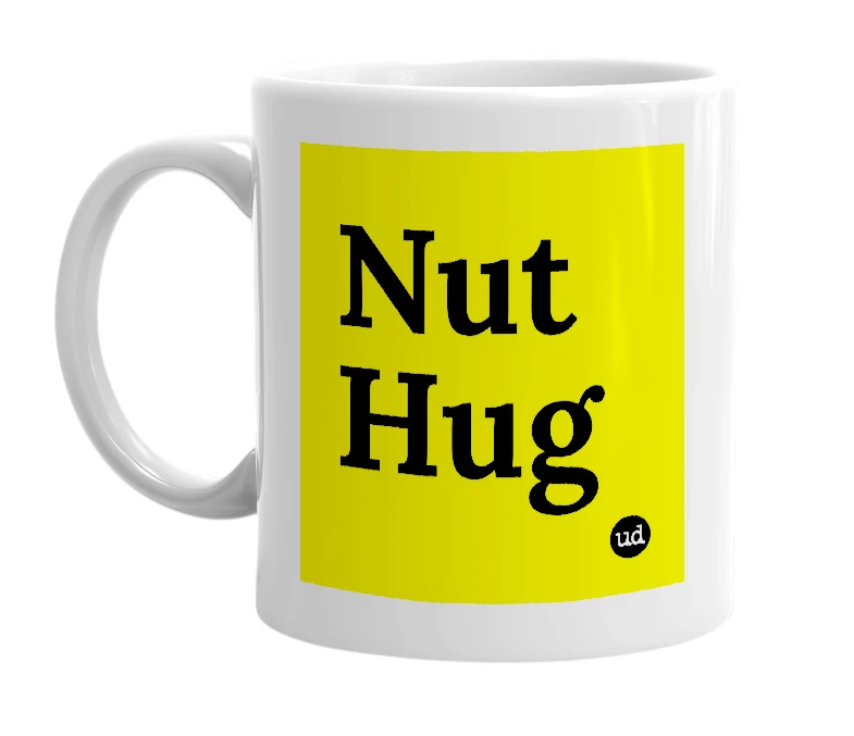 White mug with 'Nut Hug' in bold black letters