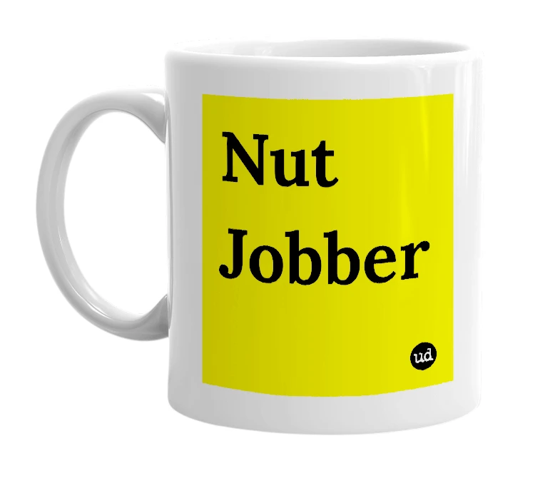 White mug with 'Nut Jobber' in bold black letters