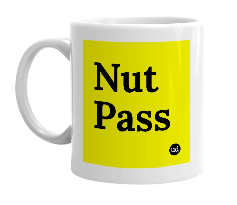 White mug with 'Nut Pass' in bold black letters