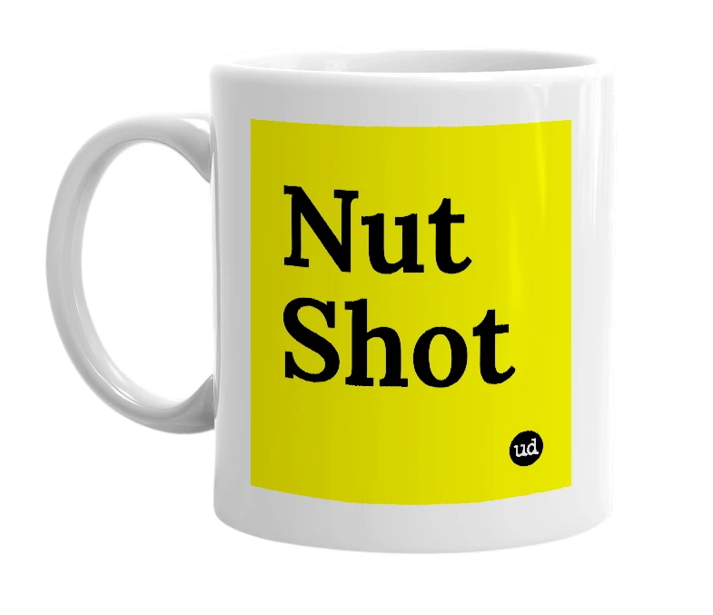 White mug with 'Nut Shot' in bold black letters