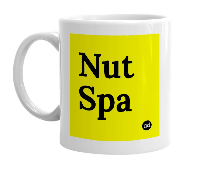 White mug with 'Nut Spa' in bold black letters