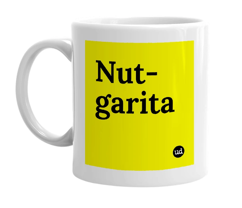 White mug with 'Nut-garita' in bold black letters