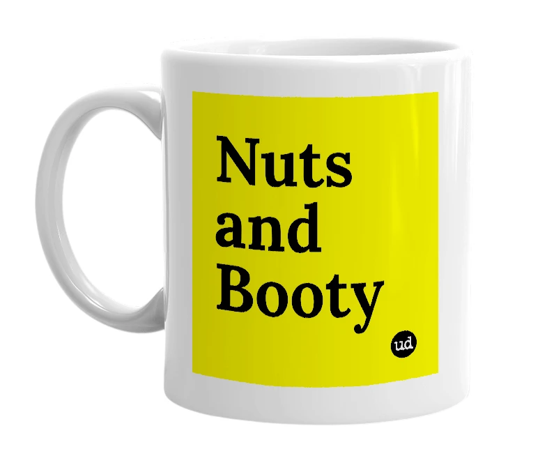 White mug with 'Nuts and Booty' in bold black letters