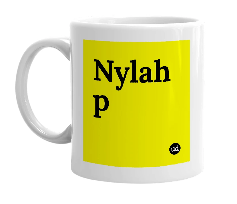 White mug with 'Nylah p' in bold black letters