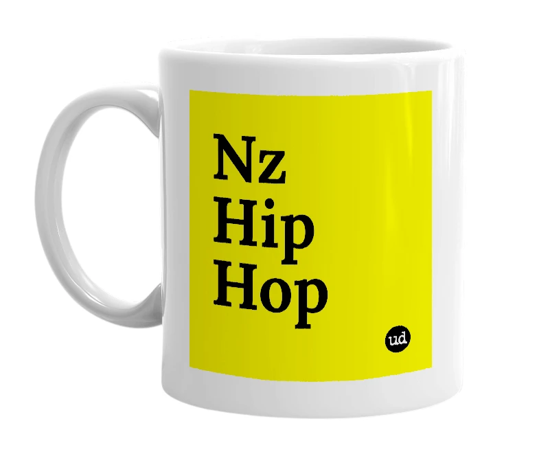 White mug with 'Nz Hip Hop' in bold black letters