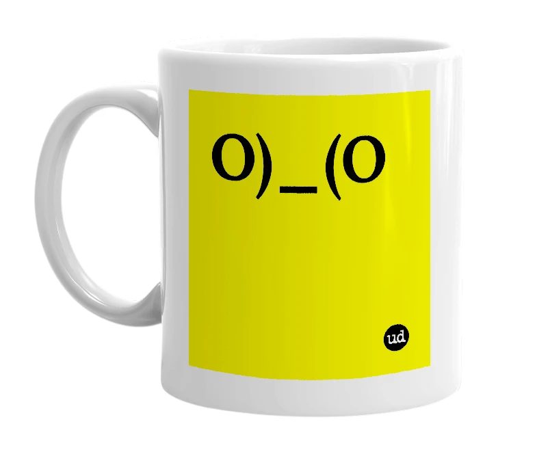 White mug with 'O)_(O' in bold black letters