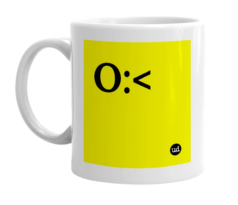 White mug with 'O:<' in bold black letters