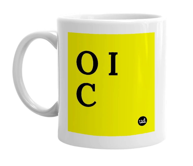 White mug with 'O I C' in bold black letters