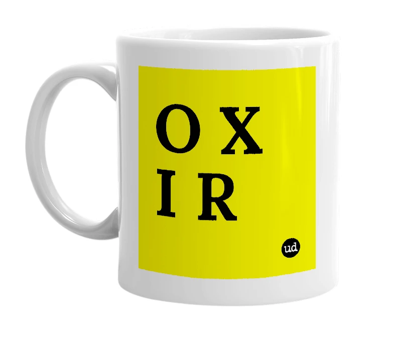 White mug with 'O X I R' in bold black letters