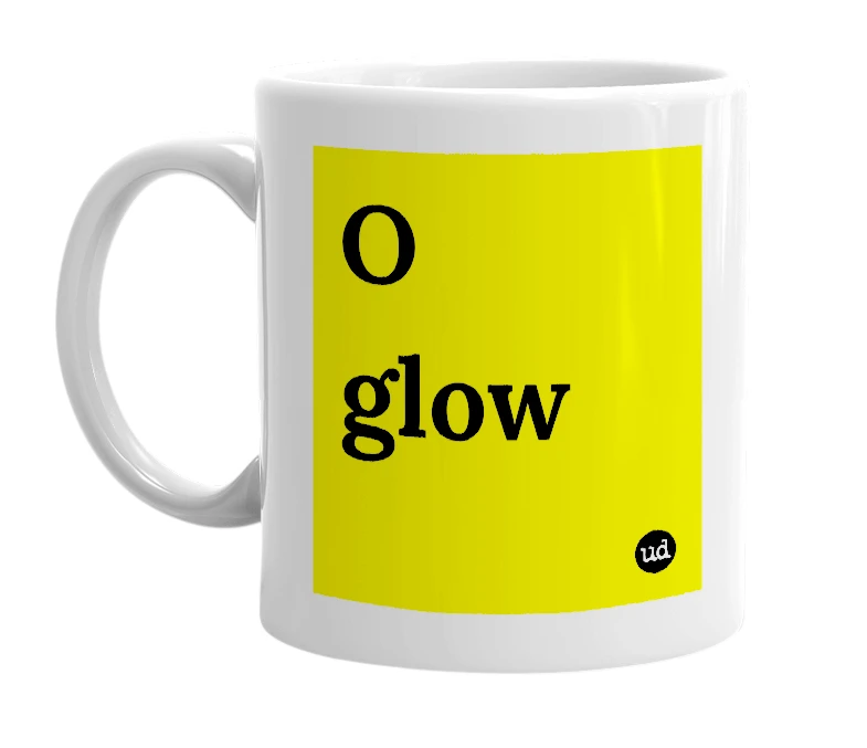 White mug with 'O glow' in bold black letters