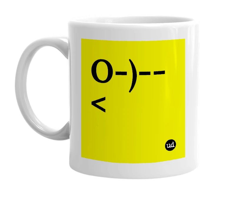 White mug with 'O-)--<' in bold black letters