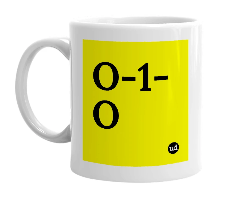 White mug with 'O-1-O' in bold black letters
