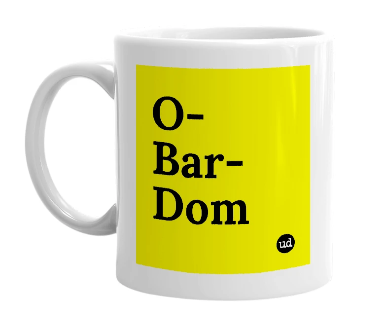 White mug with 'O-Bar-Dom' in bold black letters