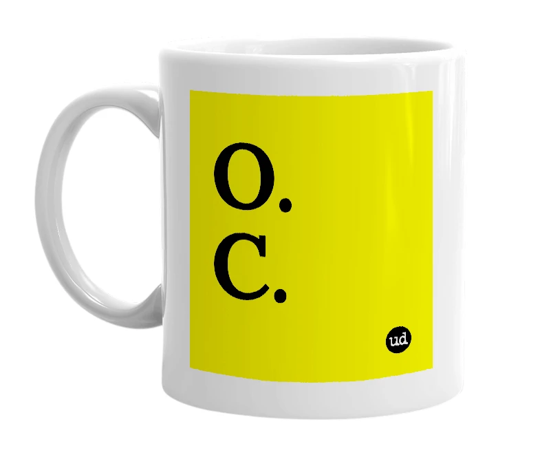 White mug with 'O. C.' in bold black letters