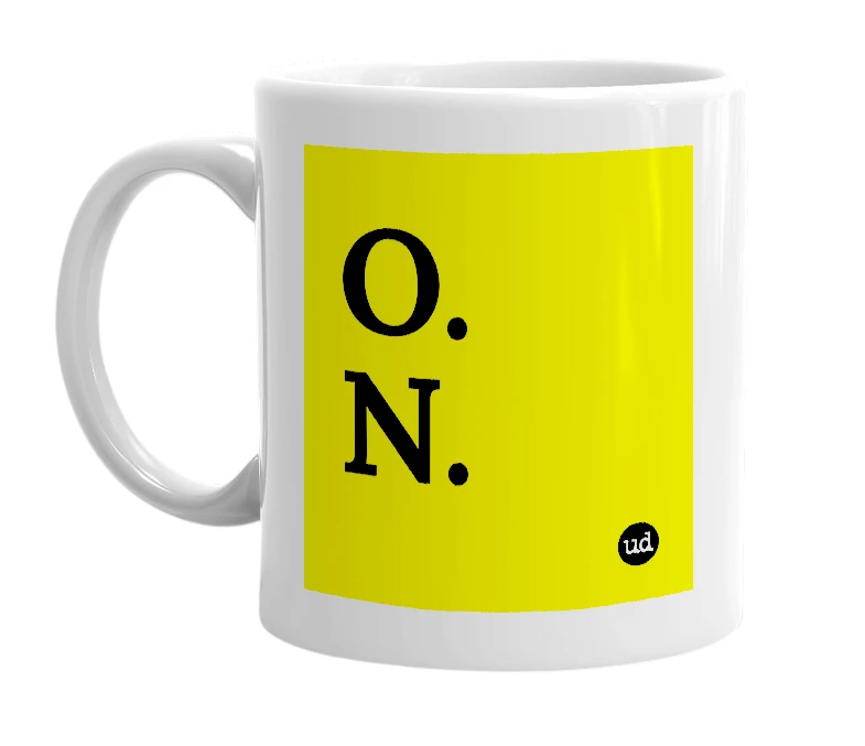 White mug with 'O. N.' in bold black letters