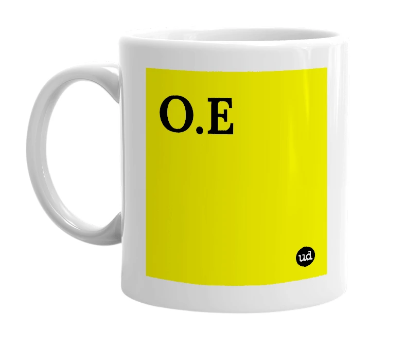 White mug with 'O.E' in bold black letters