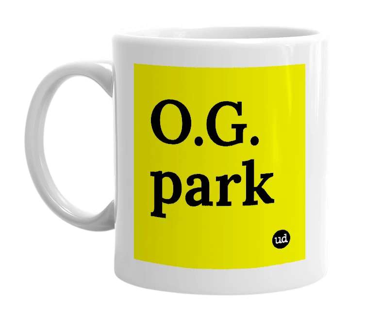 White mug with 'O.G. park' in bold black letters