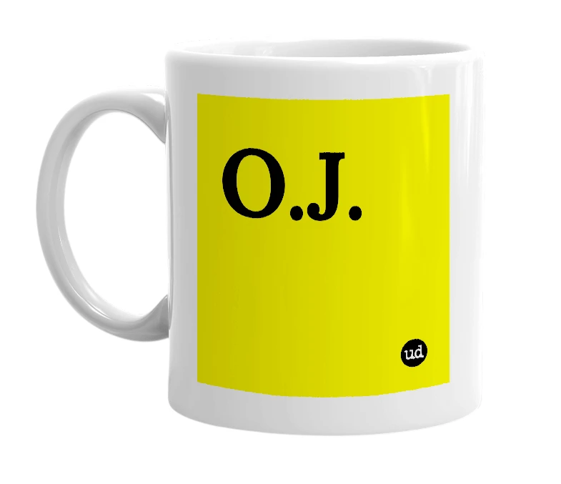 White mug with 'O.J.' in bold black letters