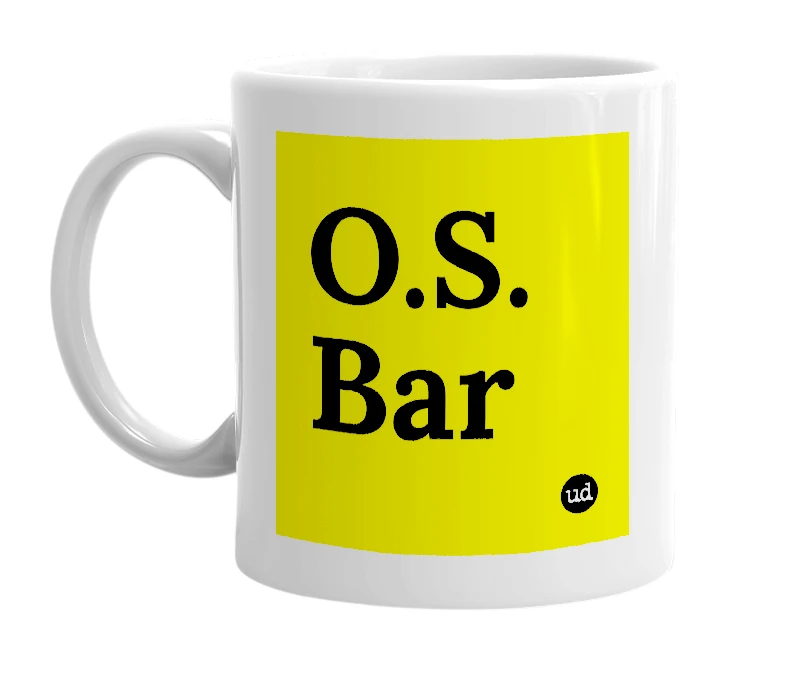 White mug with 'O.S. Bar' in bold black letters