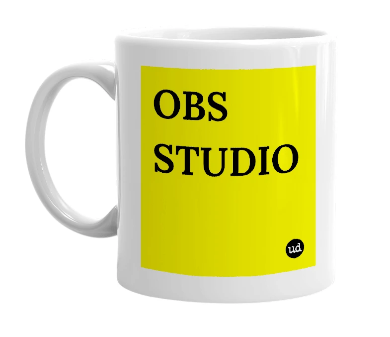 White mug with 'OBS STUDIO' in bold black letters