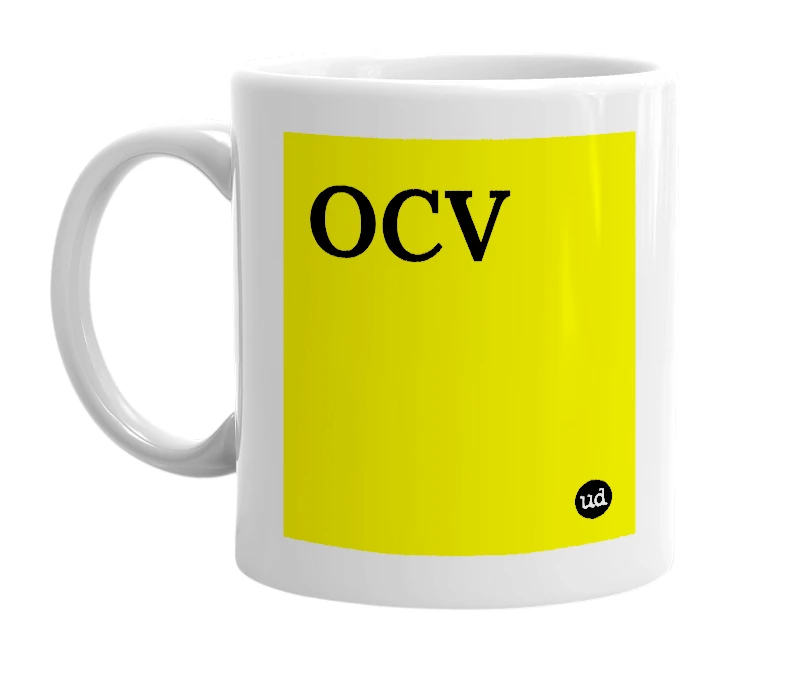 White mug with 'OCV' in bold black letters