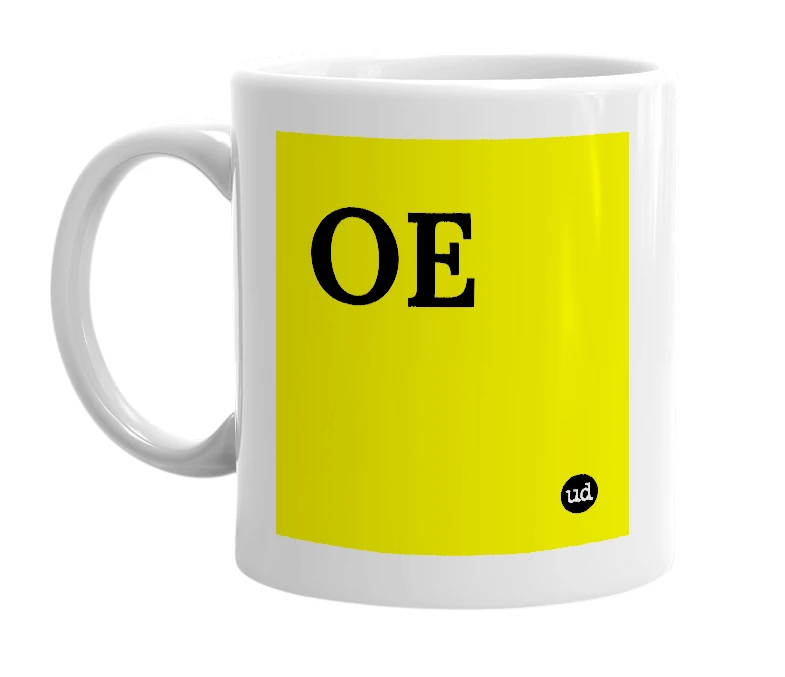 White mug with 'OE' in bold black letters