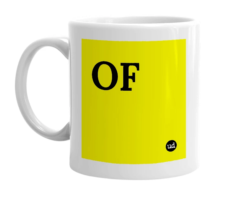 White mug with 'OF' in bold black letters