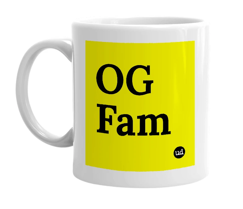 White mug with 'OG Fam' in bold black letters