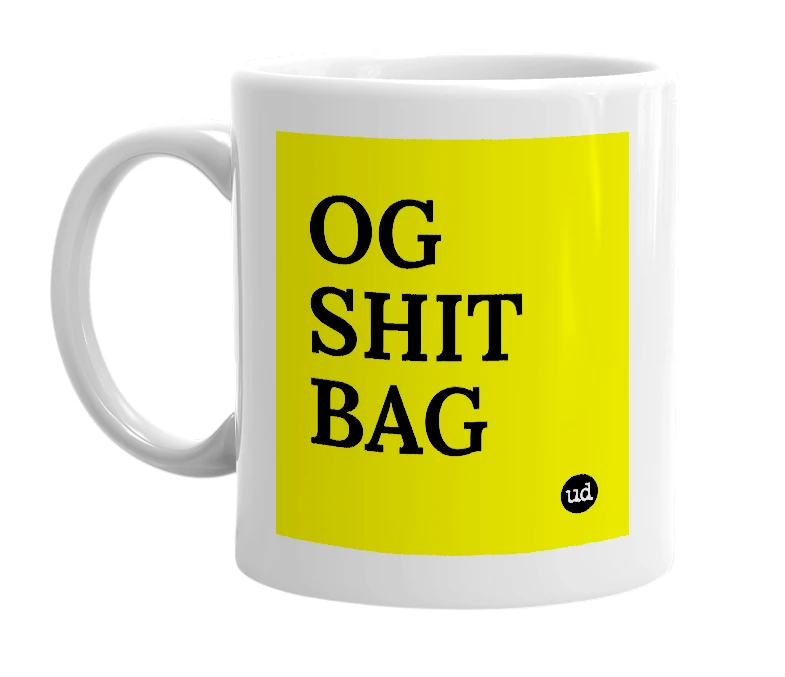 White mug with 'OG SHIT BAG' in bold black letters