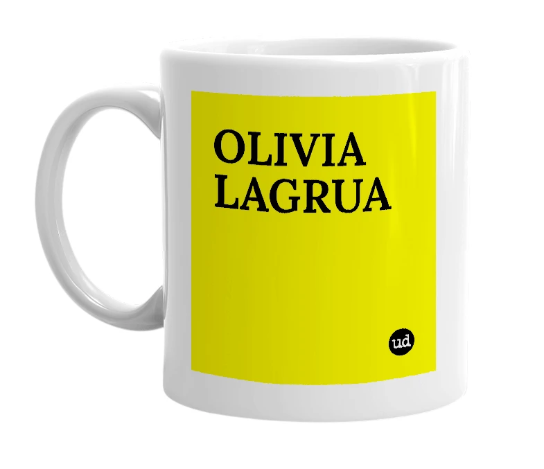 White mug with 'OLIVIA LAGRUA' in bold black letters