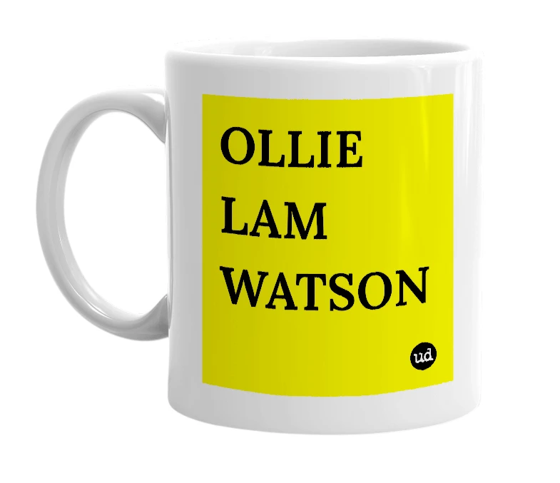 White mug with 'OLLIE LAM WATSON' in bold black letters