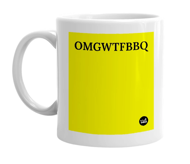 White mug with 'OMGWTFBBQ' in bold black letters