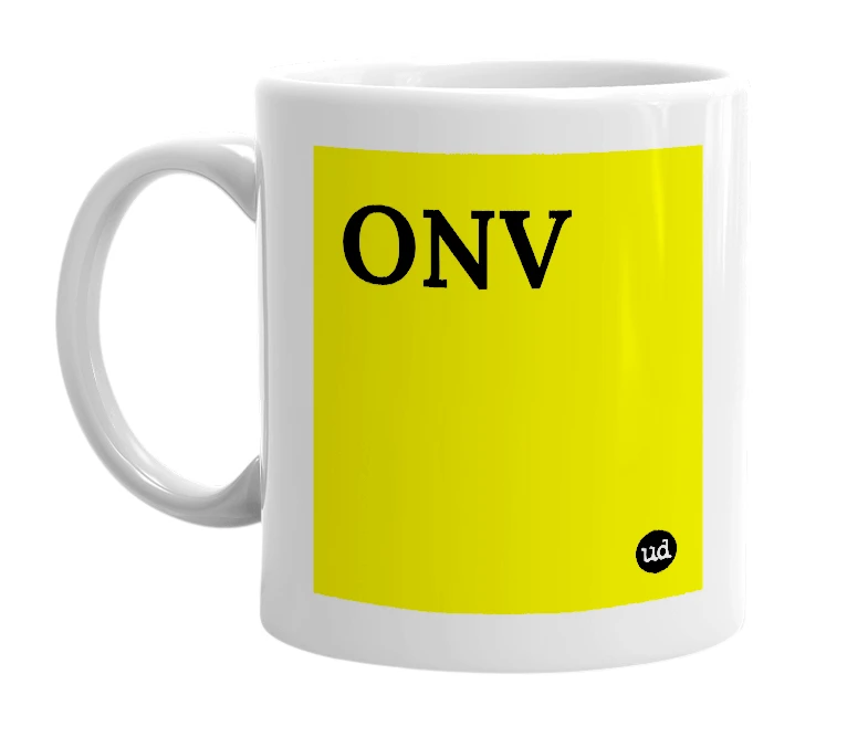 White mug with 'ONV' in bold black letters