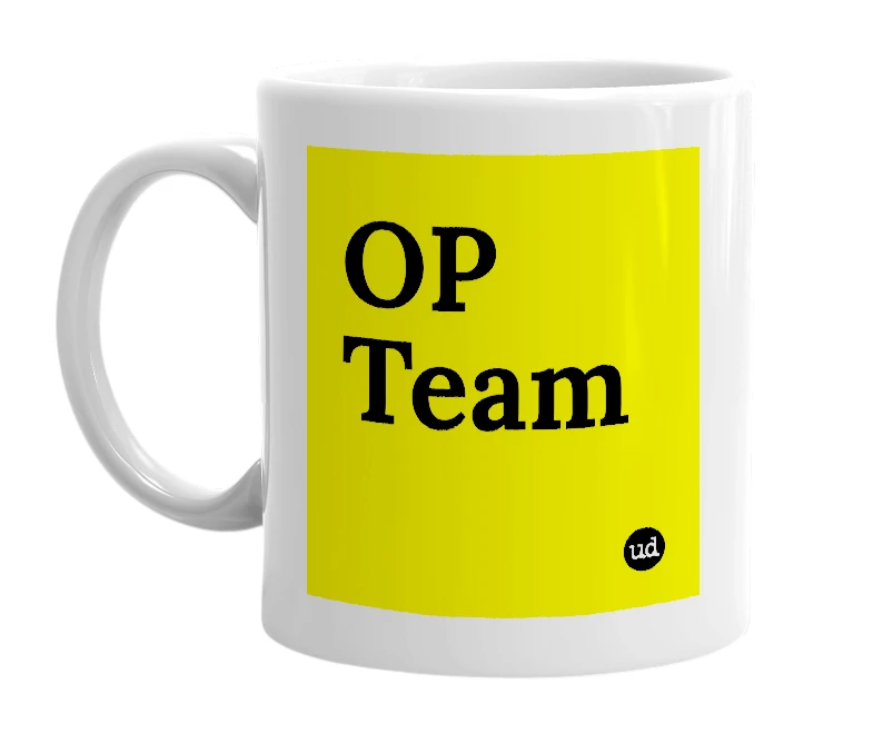 White mug with 'OP Team' in bold black letters