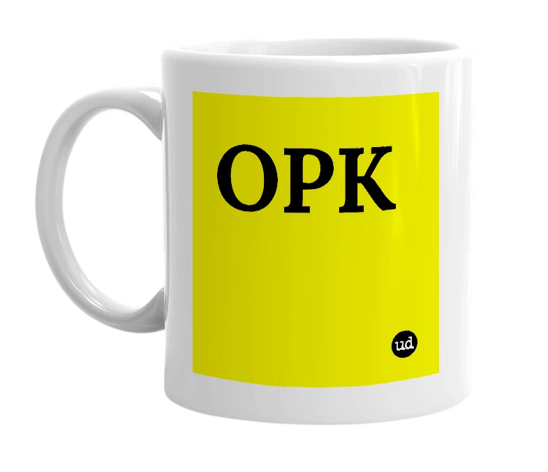 White mug with 'OPK' in bold black letters