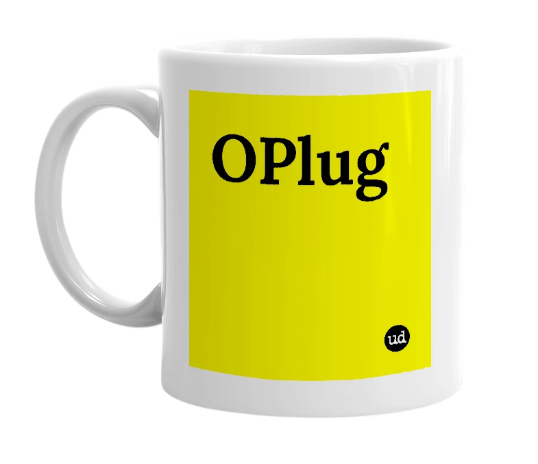 White mug with 'OPlug' in bold black letters