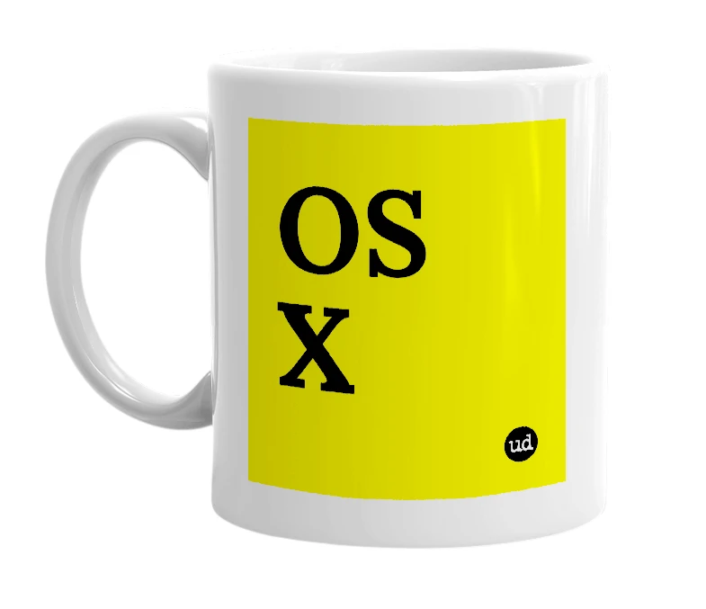 White mug with 'OS X' in bold black letters