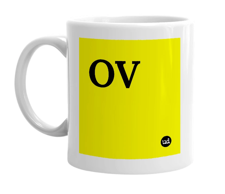 White mug with 'OV' in bold black letters