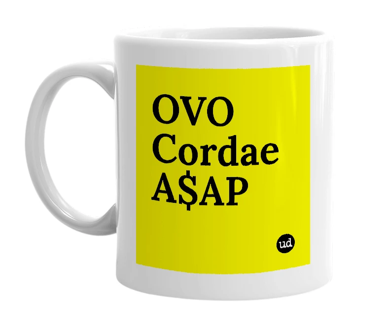 White mug with 'OVO Cordae A$AP' in bold black letters