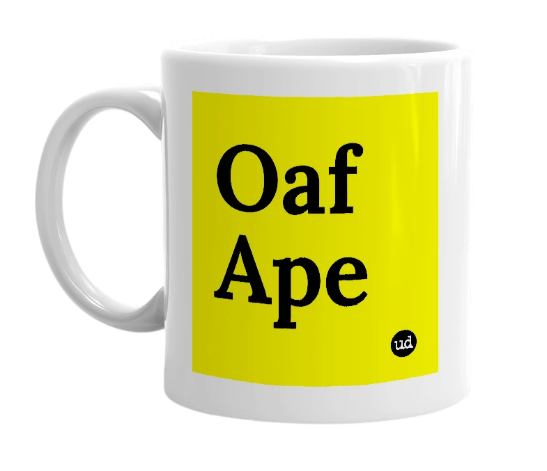 White mug with 'Oaf Ape' in bold black letters