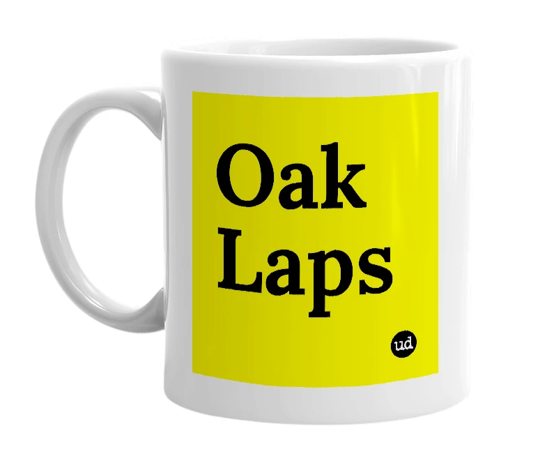 White mug with 'Oak Laps' in bold black letters