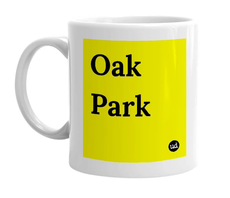 White mug with 'Oak Park' in bold black letters