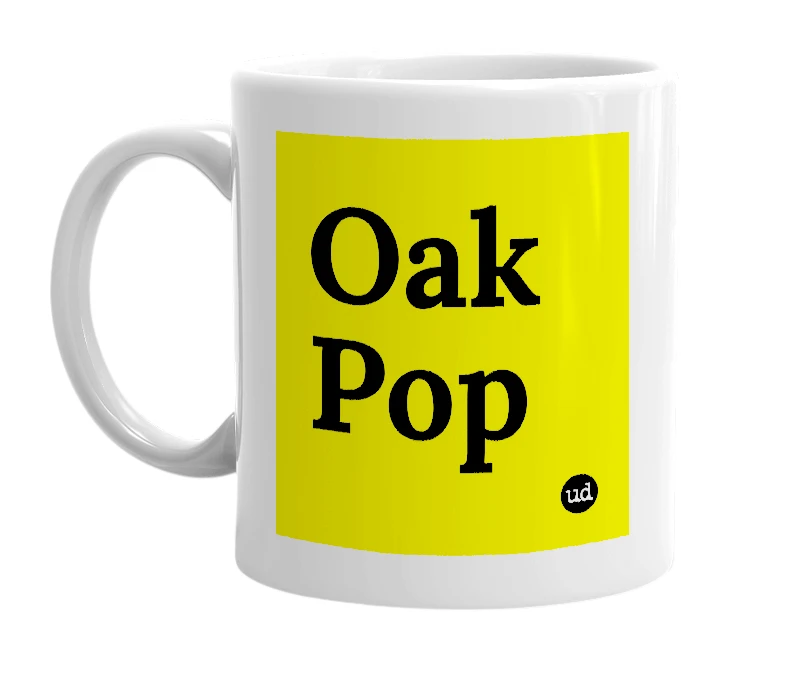 White mug with 'Oak Pop' in bold black letters