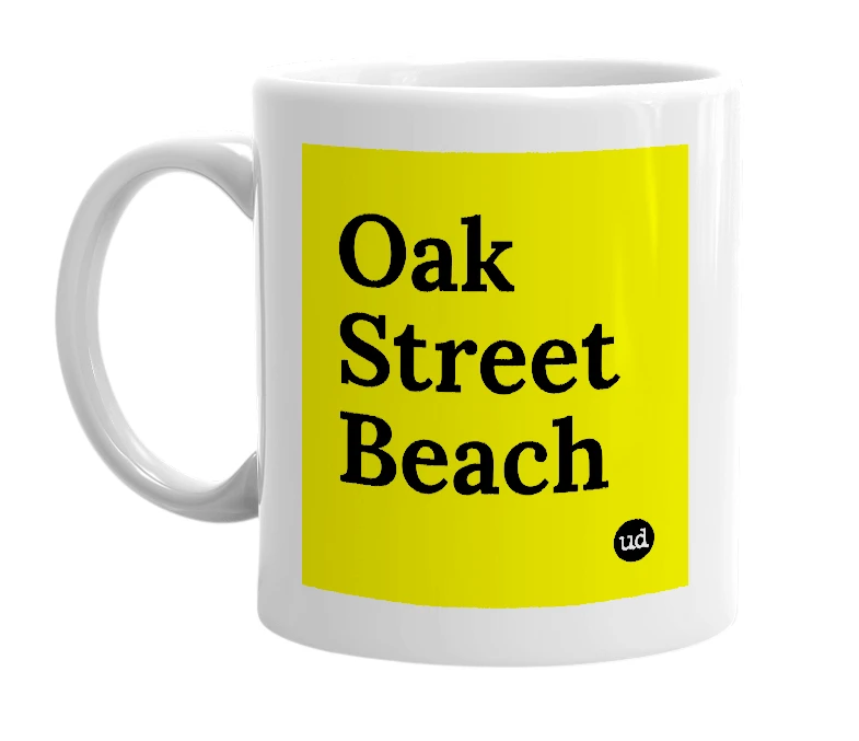 White mug with 'Oak Street Beach' in bold black letters