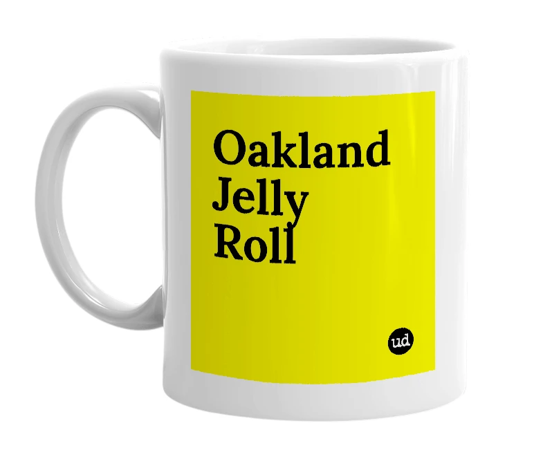 White mug with 'Oakland Jelly Roll' in bold black letters