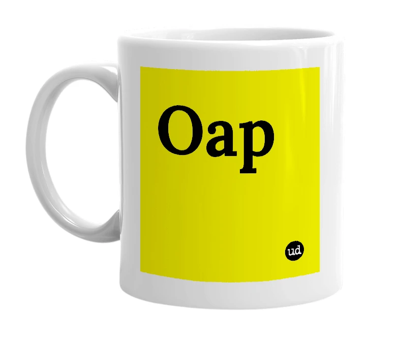 White mug with 'Oap' in bold black letters