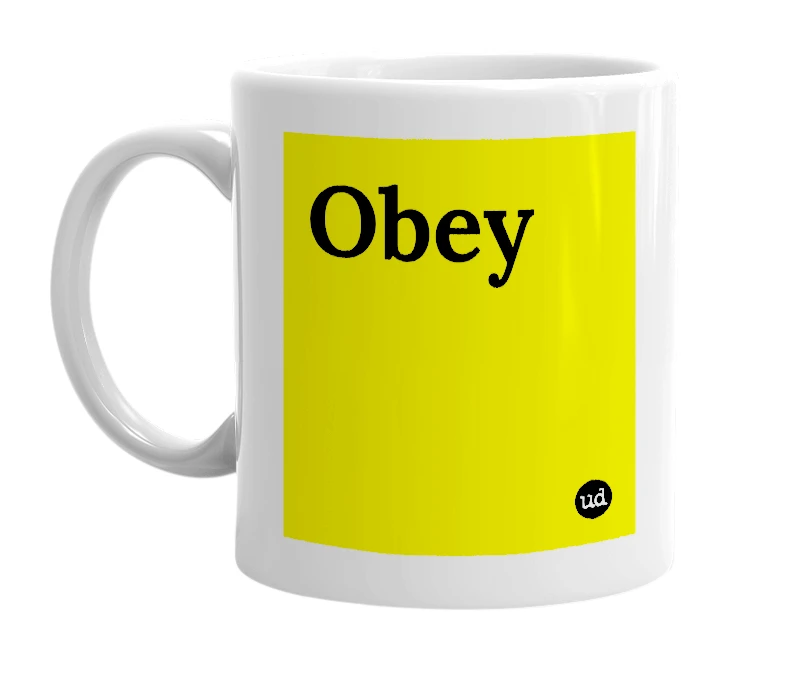 White mug with 'Obey' in bold black letters