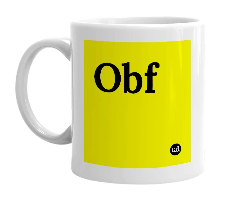 White mug with 'Obf' in bold black letters